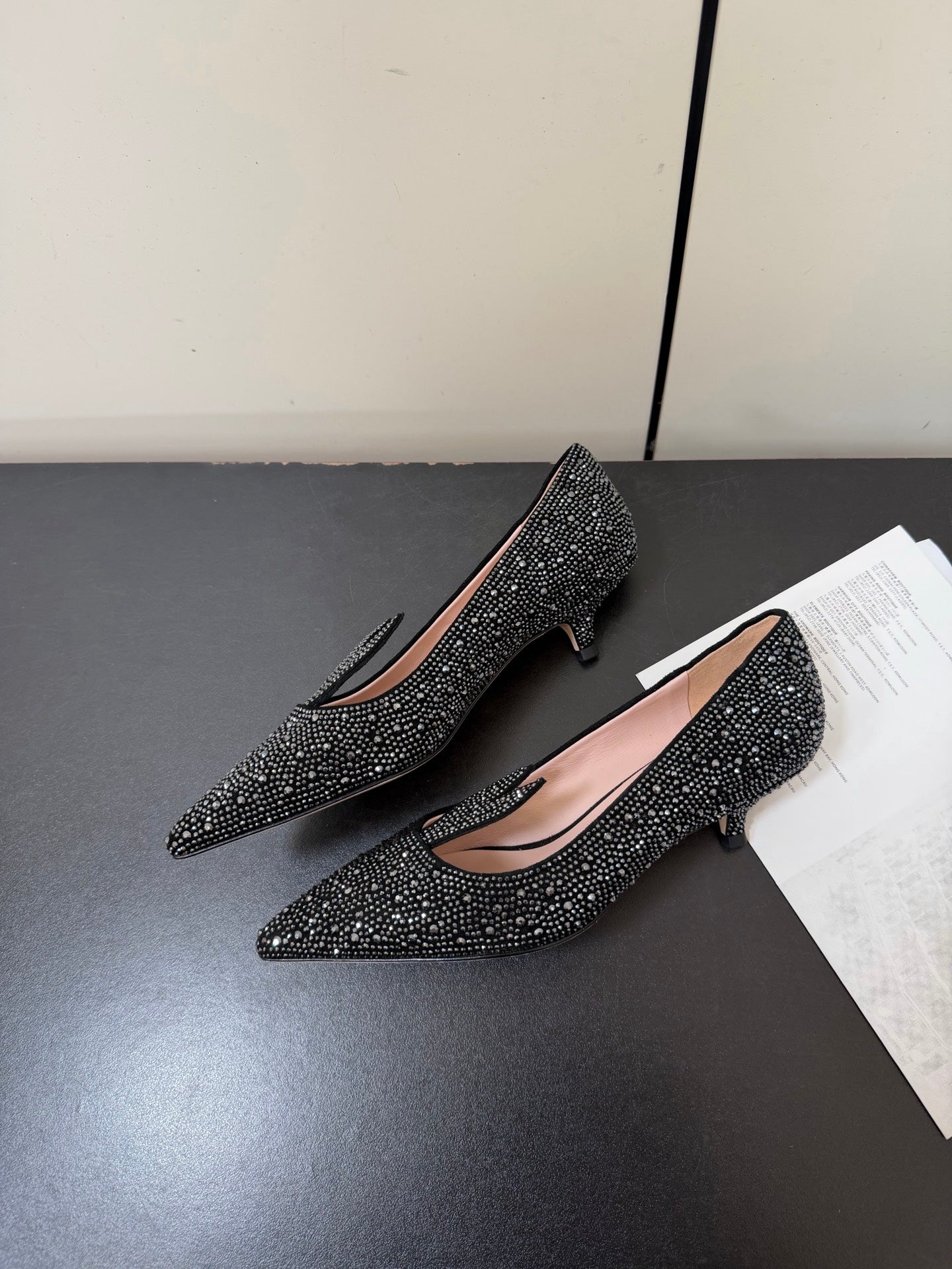DIOR 26S POINTED-TOE HIGH HEELS 35MM IN BLACK SUEDE CRYSTAL