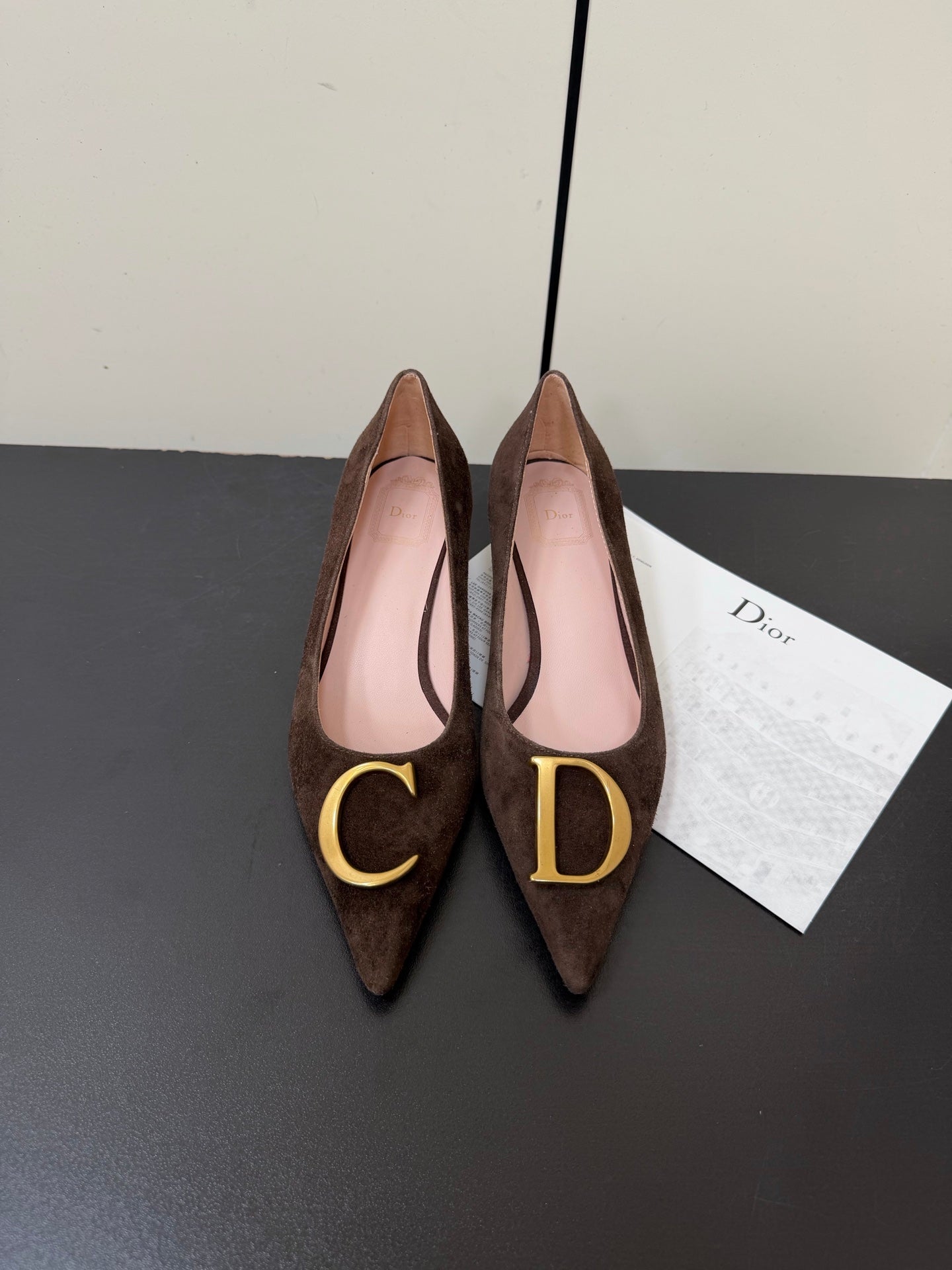 DIOR 26S POINTED-TOE HIGH HEELS 35MM IN DARK BROWN SUEDE GOLD HARDWARE