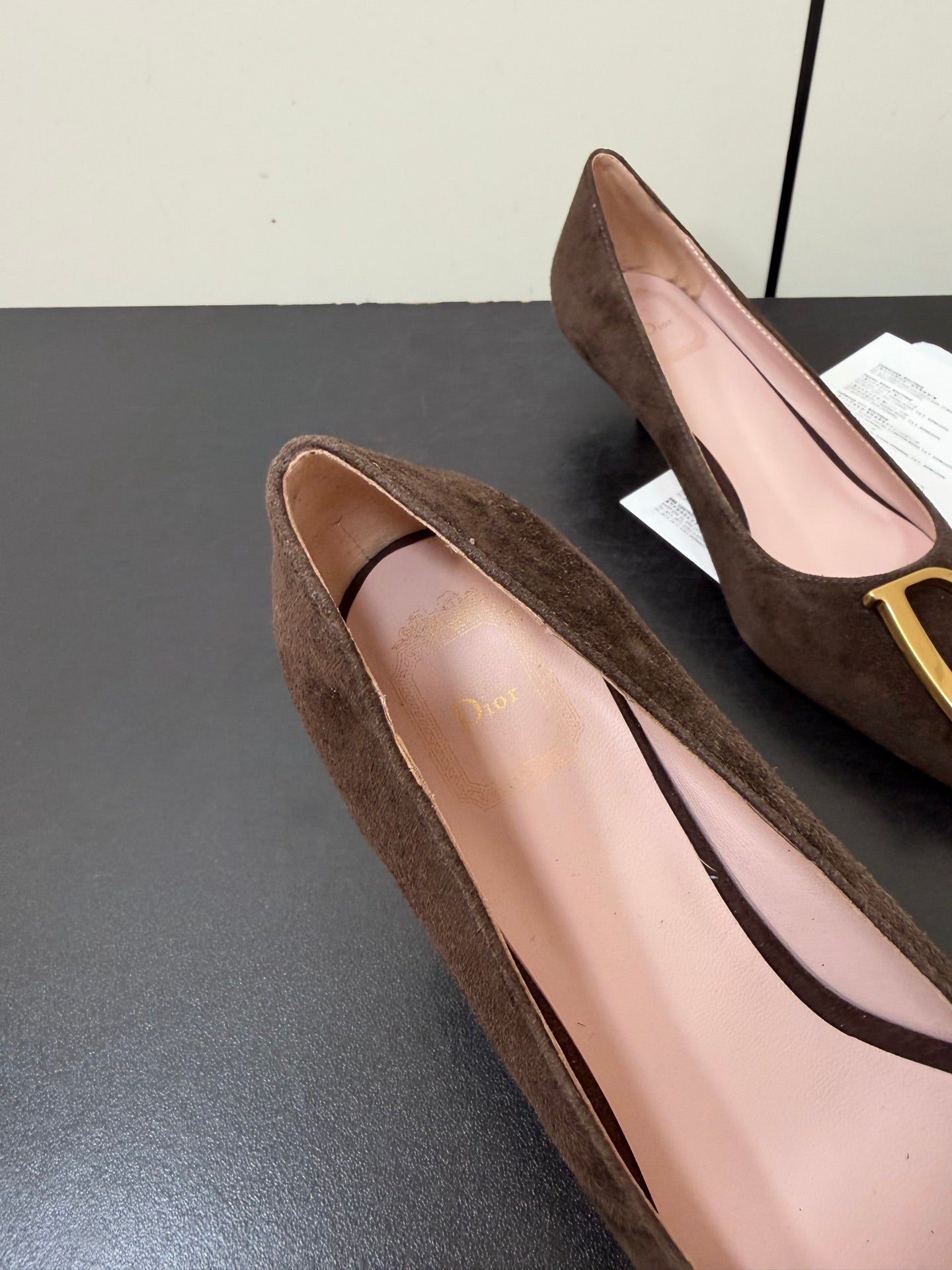 DIOR 26S POINTED-TOE HIGH HEELS 35MM IN DARK BROWN SUEDE GOLD HARDWARE
