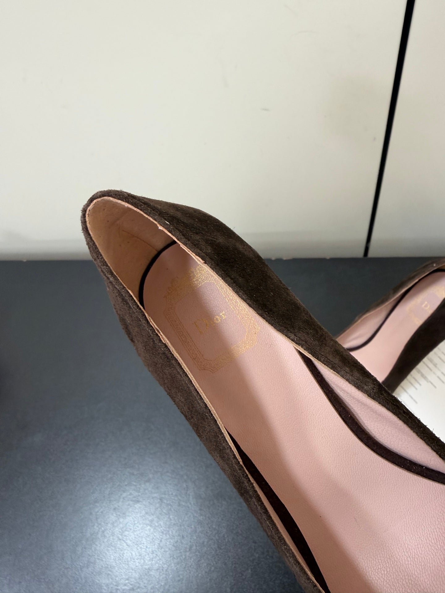 DIOR 26S POINTED-TOE HIGH HEELS 70MM IN DARK BROWN SUEDE GOLD HARDWARE