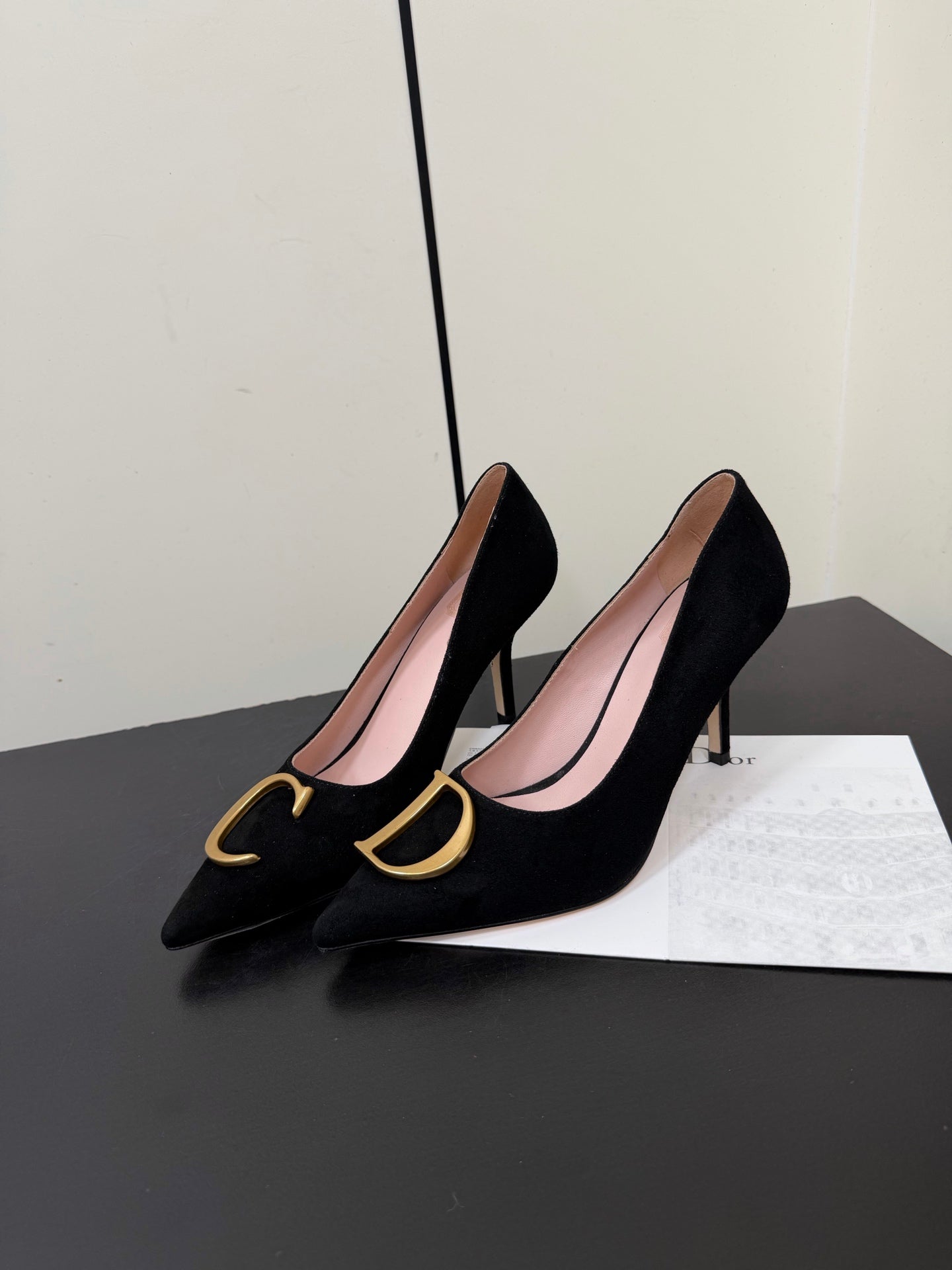 DIOR 26S POINTED-TOE HIGH HEELS 70MM IN BLACK SUEDE GOLD HARDWARE