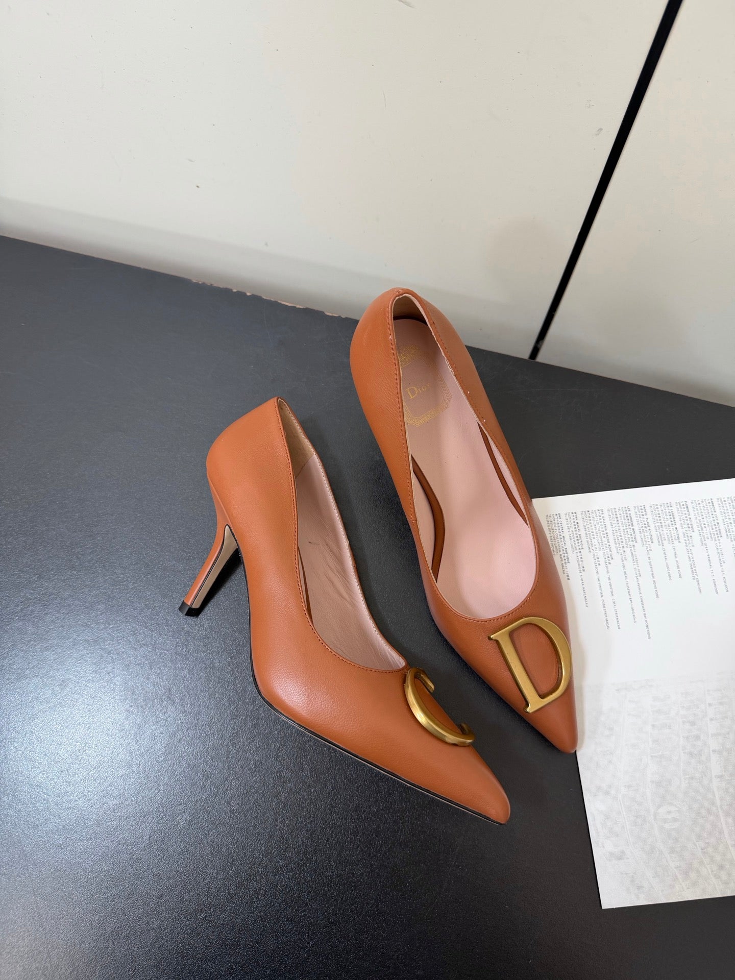 DIOR 26S POINTED-TOE HIGH HEELS 70MM IN RUST BROWN CALFSKIN GOLD HARDWARE