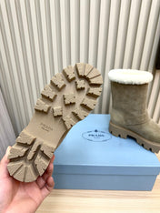 PRADA 25S MARTIN BOOTS IN BEIGE GRAY SUEDE FUR-LINED