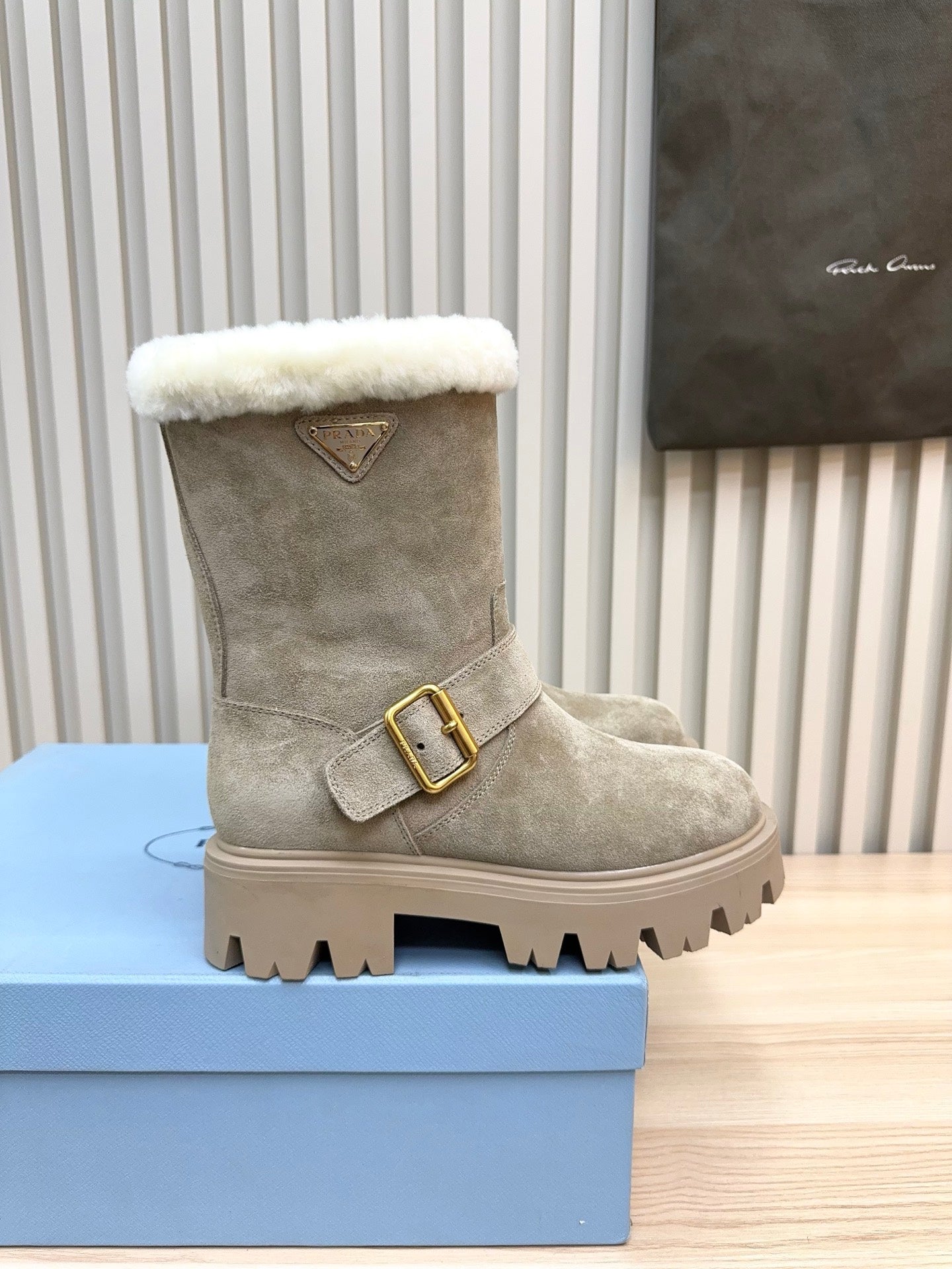 PRADA 25S MARTIN BOOTS IN BEIGE GRAY SUEDE FUR-LINED
