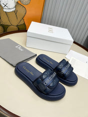 PLATFORM SLIDES 25S 50MM IN NAVY BLUE CALFSKIN AND ELECTRIC FABRIC