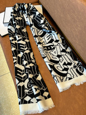 LETTER LOGO 178 CM SCARF IN BLACK MIX WHITE SHEEP WOOL AND SILK  393103