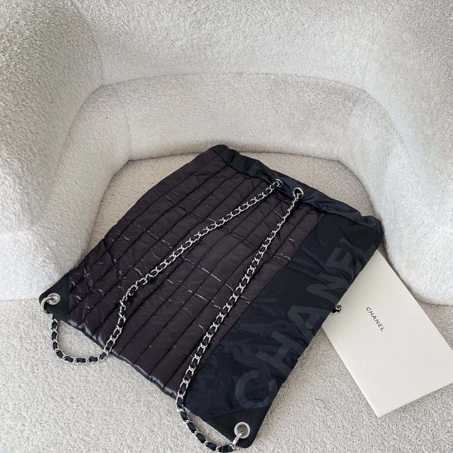 CHANEL 26S DRAWSTRING BACKPACK 44 IN BLACK PUFFY QUILTED NYLON