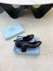TRIANGLE LOGO SLINGBACK PUMPS WITH BOW IN BLACK CALFSKIN