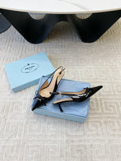SLINGBACK PUMPS ATTACHED BOW IN BLACK GLOSSY CALFSKIN