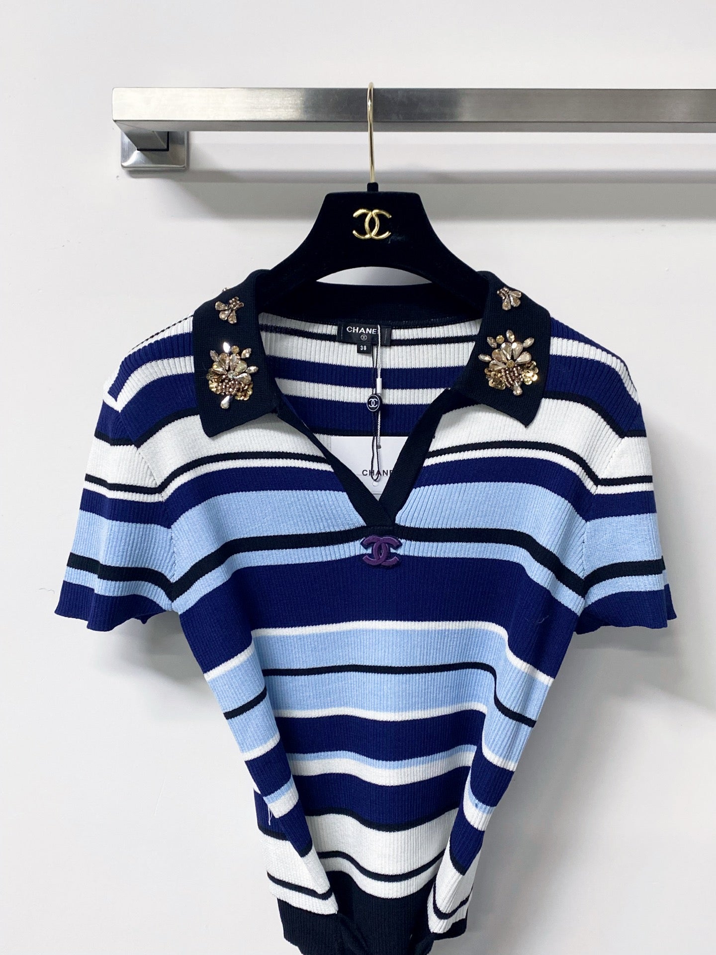CHANEL 26S EMBELLISHED KNIT POLO TOP 1470