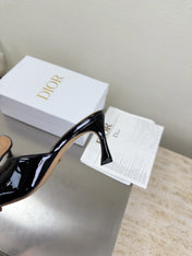 DIOR 26S KITTEN HEEL MULE SANDALS IN BLACK PATENT CALFSKIN WITH LOGO