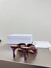 DIOR 26S KITTEN HEEL MULE SANDALS IN BURGUNDY RED PATENT CALFSKIN WITH LOGO