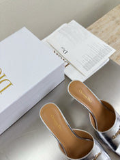 DIOR 26S KITTEN HEEL MULE SANDALS IN SILVER CALFSKIN WITH LOGO