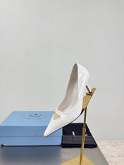 PRADA 26S POINTED TOE PUMPS 75MM IN WHITE PATENT CALFSKIN