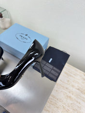 PRADA 26S POINTED TOE PUMPS 75MM IN BLACK PATENT CALFSKIN