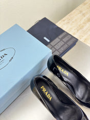 PRADA 26S POINTED TOE PUMPS 75MM IN BLACK PATENT CALFSKIN