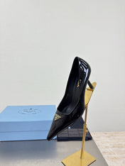 PRADA 26S POINTED TOE PUMPS 75MM IN BLACK PATENT CALFSKIN