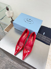 PRADA 26S POINTED TOE PUMPS 75MM IN RED PATENT CALFSKIN
