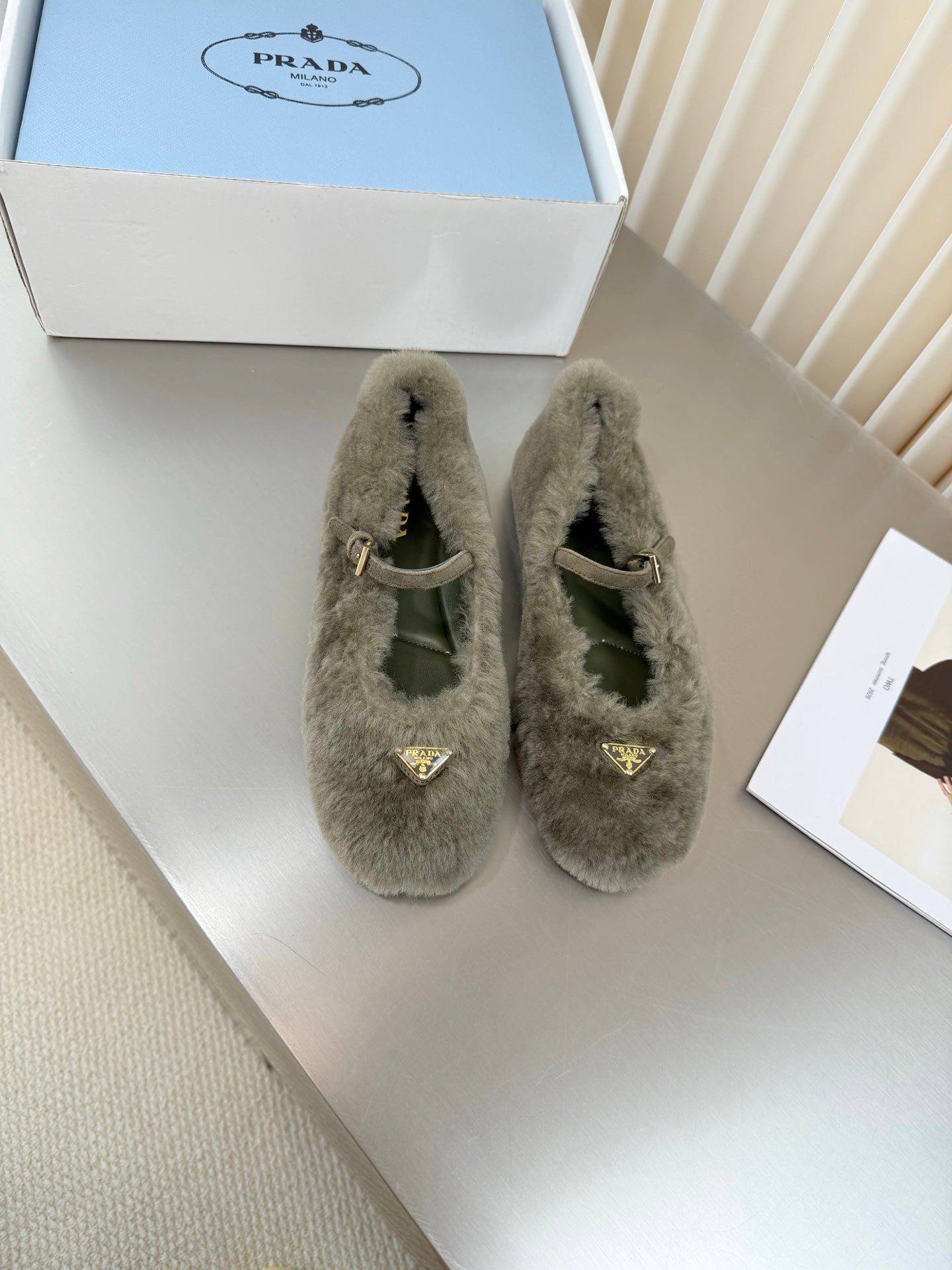 PRADA 26S MARY JANE BALLET IN TAUPE GREY SHEARLING