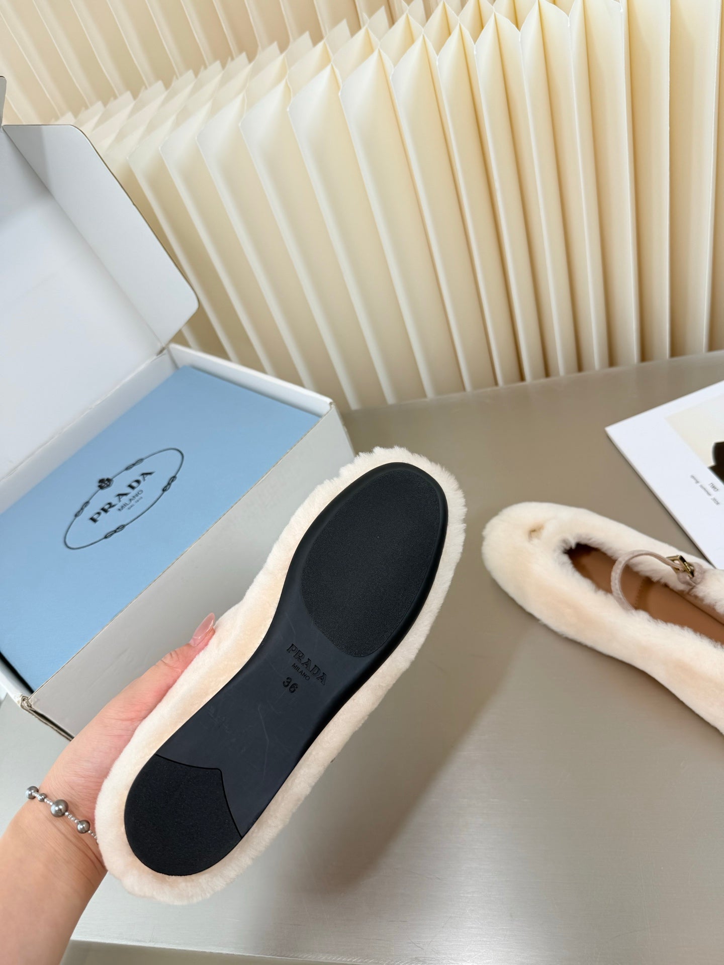 PRADA 26S MARY JANE BALLET IN CREAM WHITE SHEARLING