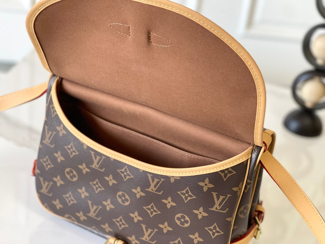 SAUMUR BB 35 IN BROWN MONOGRAM CANVAS AND LEATHER TRIM GOLD HARDWARE