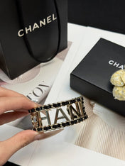 CHANEL 26S CHANEL LOGO OPEN CUFF LEATHER CHAIN BRACELET IN GOLD METAL 630836