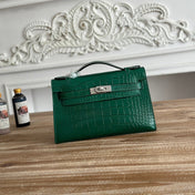HM 26S KELLY MINI 22MM IN DARK GREEN CROC EMBOSSED CALFSKIN SILVER KELLY BUCKLE