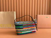 CROCHET SHOULDER BAG 25.5 COLORFUL WOOL WITH BROWN STRAP CALFSKIN