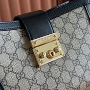 GUCCI 26S PADLOCK TOP HANDLE BAG 25 IN DARK BEIGE AND BLACK CALFSKIN