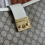 GUCCI 26S PADLOCK SHOULDER BAG 29 IN DARK BEIGE AND WHITE CALFSKIN