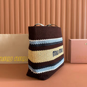 TOTE BAG 40 IN STRIPED PATTERN OF BROWN BLUE AND YELLOW WOVEN RAFFIA