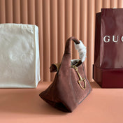 GUCCI 25S HANDBAG 28 CM IN DARK CACAO BROWN SUEDE WITH GOLD HARDWARE