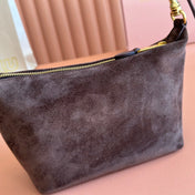MIUMIU 26S CORDUROY POUCH BAG 25 IN CHOCOLATE BROWN SUEDE GOLD HARDWARE