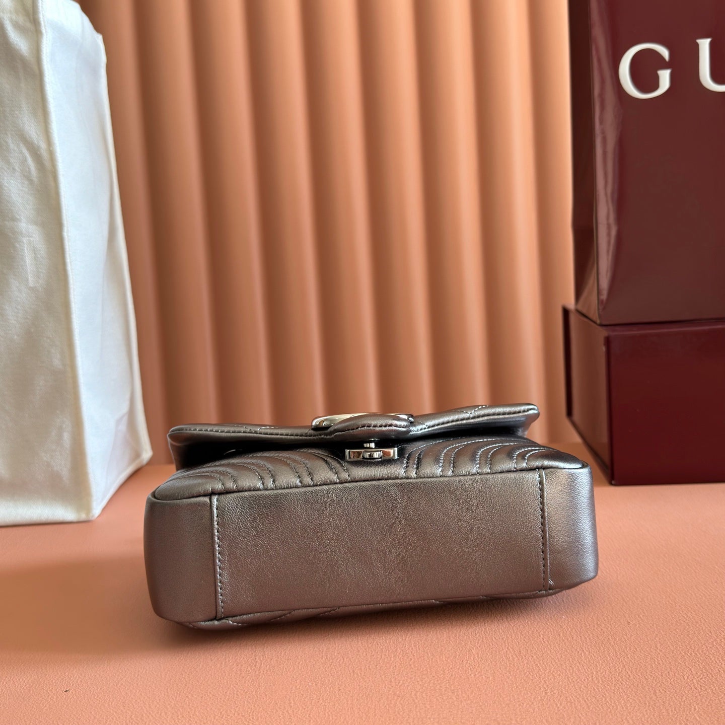 GUCCI 26S GG MARMONT BAG 22 IN WARM GRAY BROWN LAMBSKIN