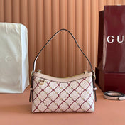 GUCCI 26S GG EMBLEM BUCKET BAG 22 IN LIGHT PINK COATED FABRIC