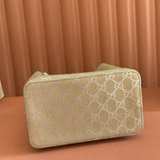 GUCCI 26S GG EMBLEM BUCKET BAG 19 IN BEIGE AND SILVER CANVAS