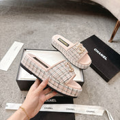 PLASTFORM HEELS IN LIGHT PINK TWEED AND CALFSKIN