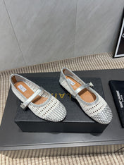ALAIA MARY JANE FLATS WOVEN PATTERN 25S IN WHITE MIX GREY CALFSKIN