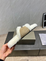 BALENCIAGA 25S SLIPPERS IN DARK BEIGE SUEDE AND WHITE WOOL