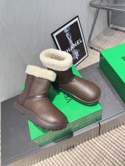BOTTEGA VENETA 26S FUR-LINED ANKLE BOOTS IN DARK BROWN CALFSKIN AND WHITE WOOL