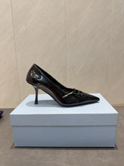 PRADA 26S POINTED TOE HEELS 75MM IN BLACK CALFSKIN WITH BOW