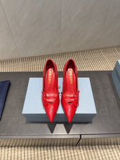 PRADA 26S POINTED TOE HEELS 75MM IN DARK RED CALFSKIN WITH BOW