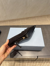 PRADA 26S POINTED TOE HEELS 75MM IN BLACK SUEDE WITH BOW