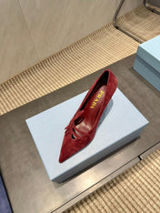 PRADA 26S POINTED TOE HEELS 75MM IN BURGUNDY RED SUEDE WITH BOW