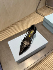 PRADA 26S POINTED TOE CUT OUT HIGH HEELS 75MM IN BLACK CALFSKIN WITH BOW