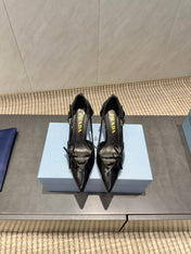 PRADA 26S POINTED TOE CUT OUT HIGH HEELS 75MM IN BLACK CALFSKIN WITH BOW