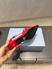 PRADA 26S POINTED TOE CUT OUT HIGH HEELS 75MM IN BRIGHT RED CALFSKIN WITH BOW