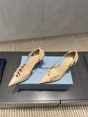 PRADA 26S POINTED TOE CUT OUT HIGH HEELS 75MM IN BEIGE CALFSKIN WITH BOW