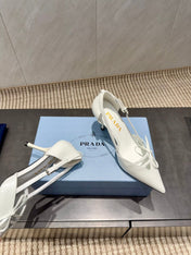 PRADA 26S POINTED TOE CUT OUT HIGH HEELS 75MM IN WHITE CALFSKIN WITH BOW