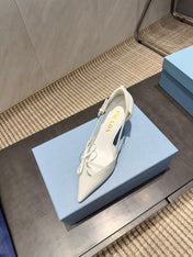 PRADA 26S POINTED TOE CUT OUT HIGH HEELS 75MM IN WHITE CALFSKIN WITH BOW